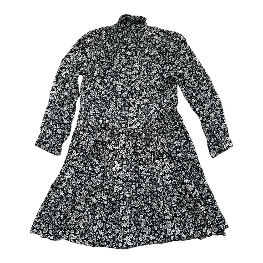 J. Crew Women's XXS Black & White Floral Ruffle Neck Long Sleeve Dress